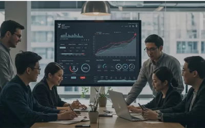 A group of professionals in a modern office engaged in a business meeting. A presenter stands next to a large screen displaying data analytics, including charts and graphs, while colleagues seated around a table take notes and work on laptops. The office has large windows with a cityscape in the background, creating a collaborative and tech-driven environment.