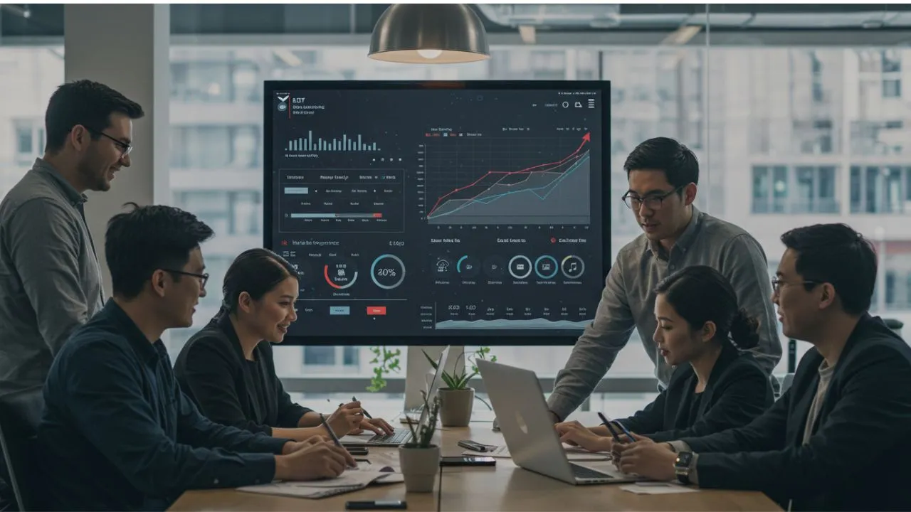 A group of professionals in a modern office engaged in a business meeting. A presenter stands next to a large screen displaying data analytics, including charts and graphs, while colleagues seated around a table take notes and work on laptops. The office has large windows with a cityscape in the background, creating a collaborative and tech-driven environment.