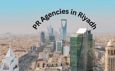 The image shows a skyline of Riyadh with the text "PR Agencies in Riyadh" curved over it. Let me know how you'd like to use or modify it!