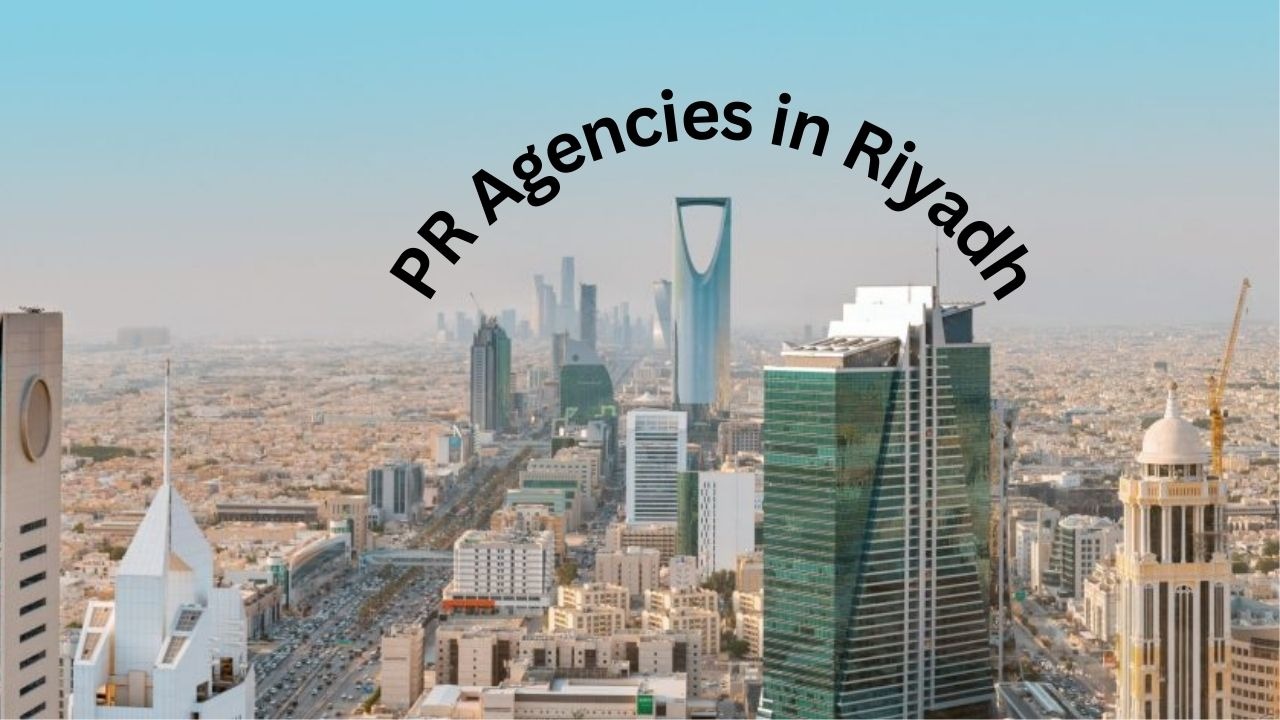 The image shows a skyline of Riyadh with the text "PR Agencies in Riyadh" curved over it. Let me know how you'd like to use or modify it!